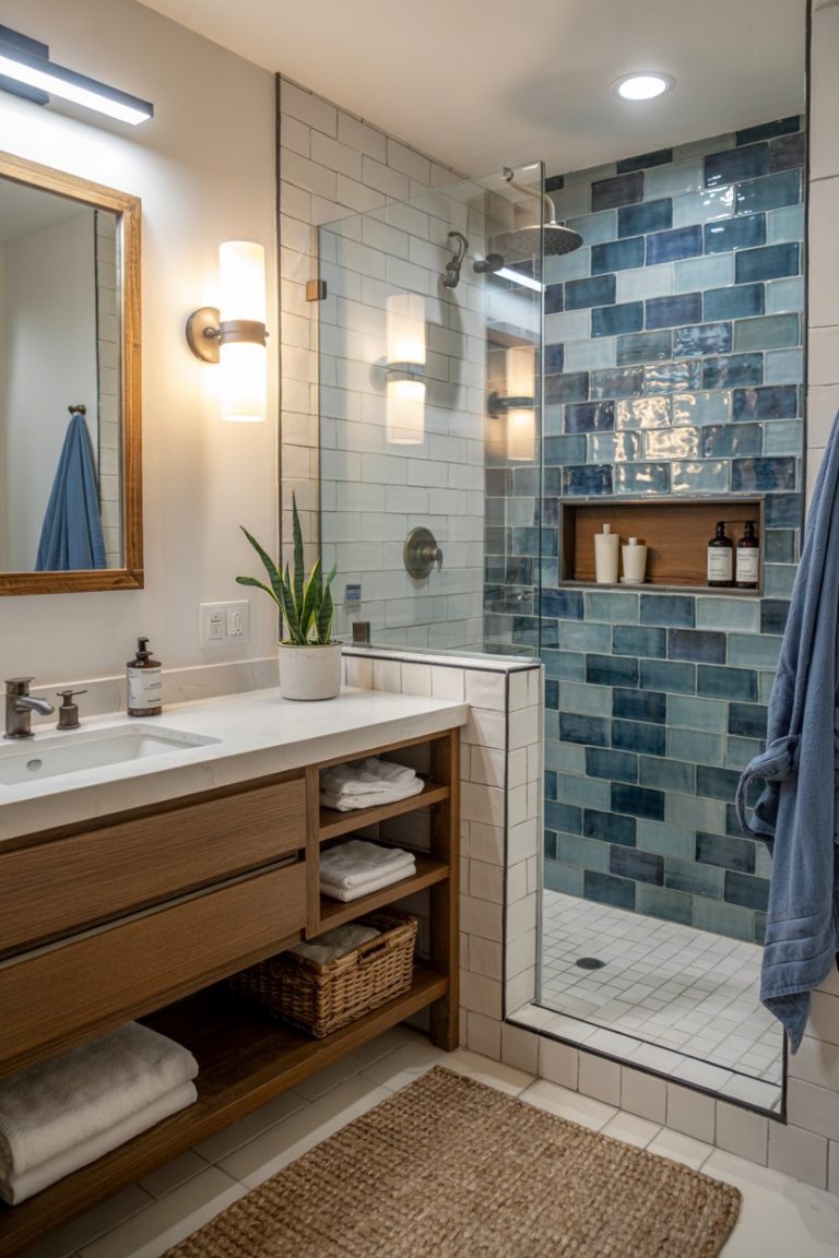 Modern Bathroom Design Ideas with Blue Tile Shower and Wood Vanity