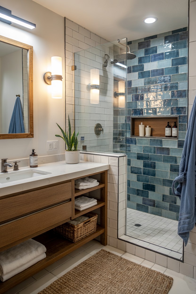 Modern Bathroom Design Ideas with Blue Tile Shower and Wood Vanity