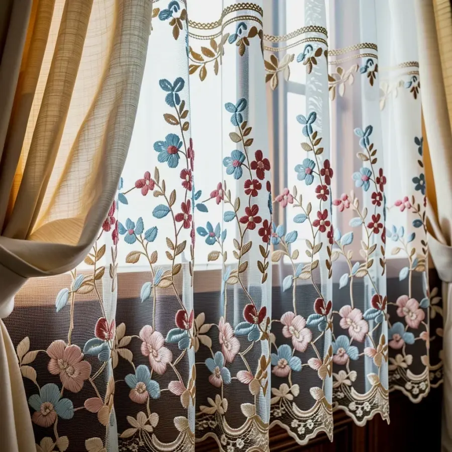 White lace curtains with floral embroidery are my new obsession for bright rooms
