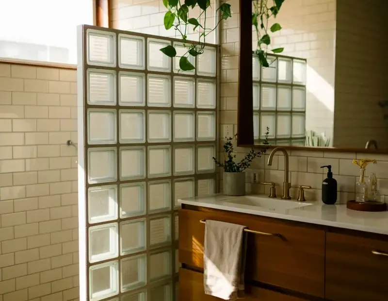 Budget Bathroom Remodel: Glass Block Shower and Walnut Vanity Ideas