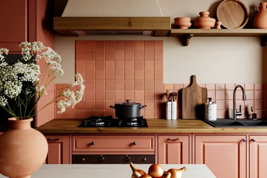 Mediterranean Kitchen with Coral Cabinets and Terracotta Backsplash - A Cozy Rustic Vibe