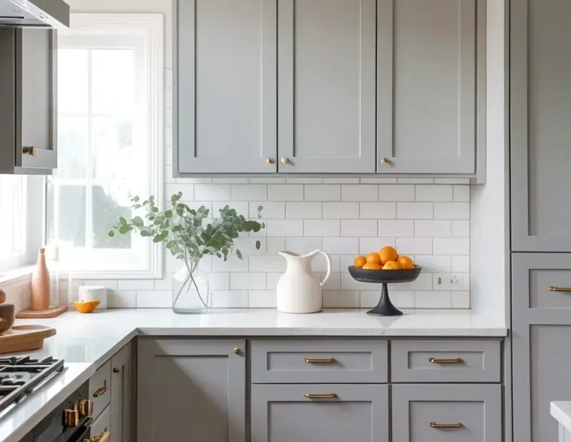 Spring Modern Farmhouse Kitchen with Light Gray Shaker Cabinets & Brass Hardware