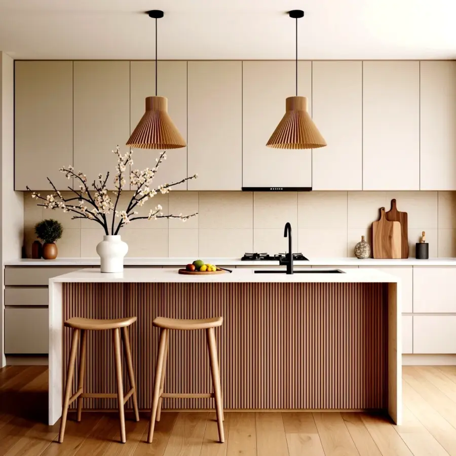 White kitchen island decor | beige pendant lights + wood slat base styling
