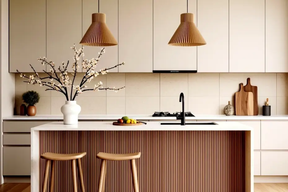 White kitchen island decor | beige pendant lights + wood slat base styling