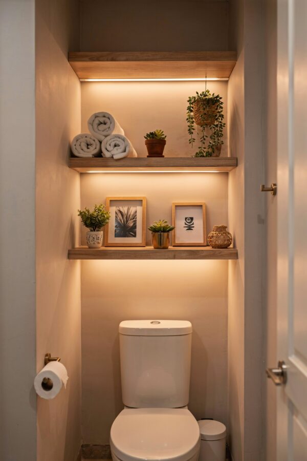 Small Bathroom Shelves Over Toilet | Space-Saving Half Bath Decor | Budget Storage Ideas