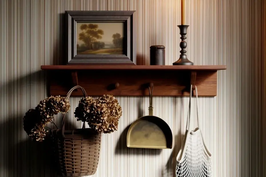 Rustic wall decor with a lit candle and dried hydrangeas for cozy fall vibes