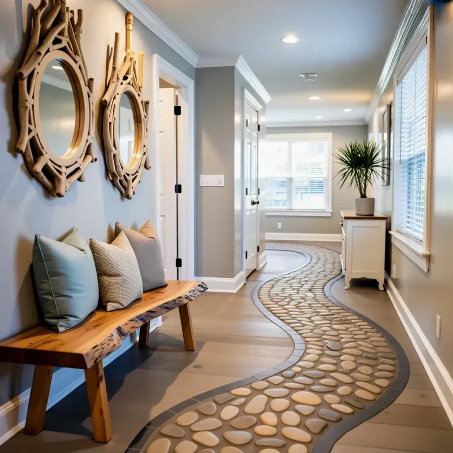 River rock hallway path with driftwood mirrors - coastal neutral decor idea
