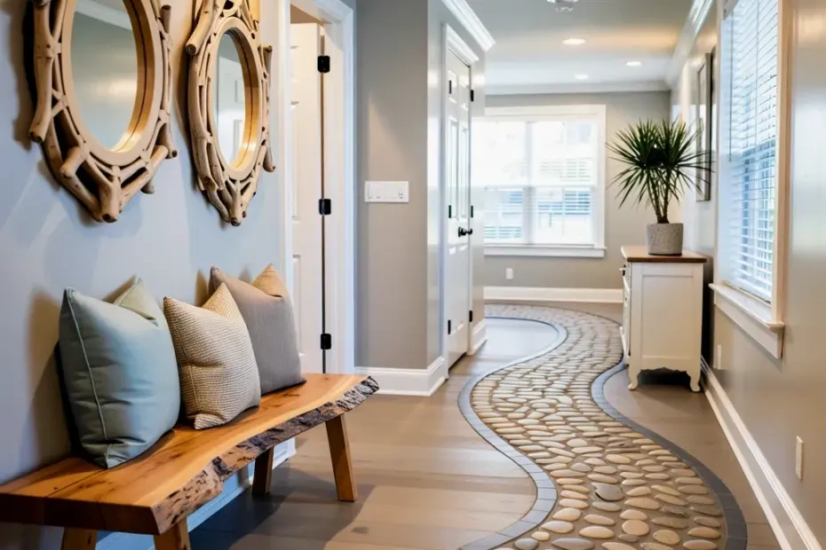 River rock hallway path with driftwood mirrors - coastal neutral decor idea