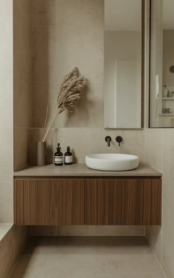 Minimalist Modern Bathroom with a Dark Walnut Floating Vanity & Oval Vessel Sink