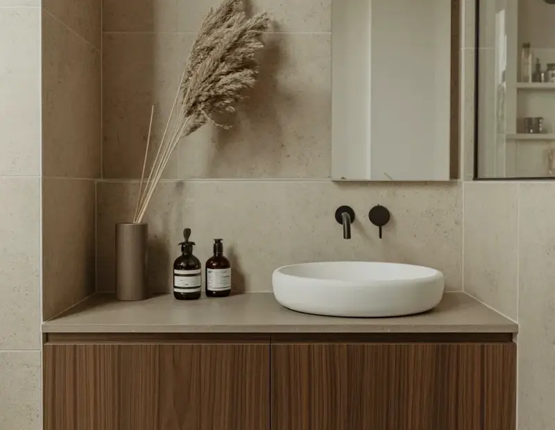 Minimalist Modern Bathroom with a Dark Walnut Floating Vanity & Oval Vessel Sink